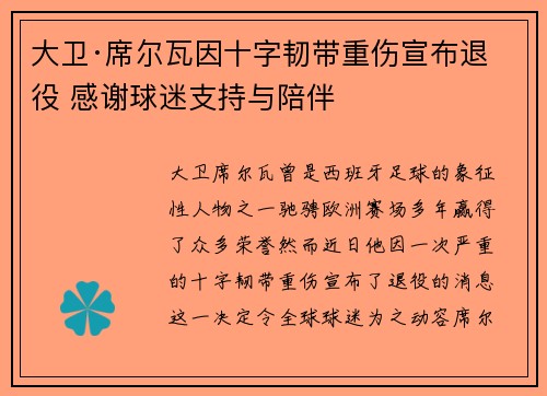 大卫·席尔瓦因十字韧带重伤宣布退役 感谢球迷支持与陪伴 大卫·席尔瓦因十字韧带重伤宣布退役 感谢球迷支持与陪伴